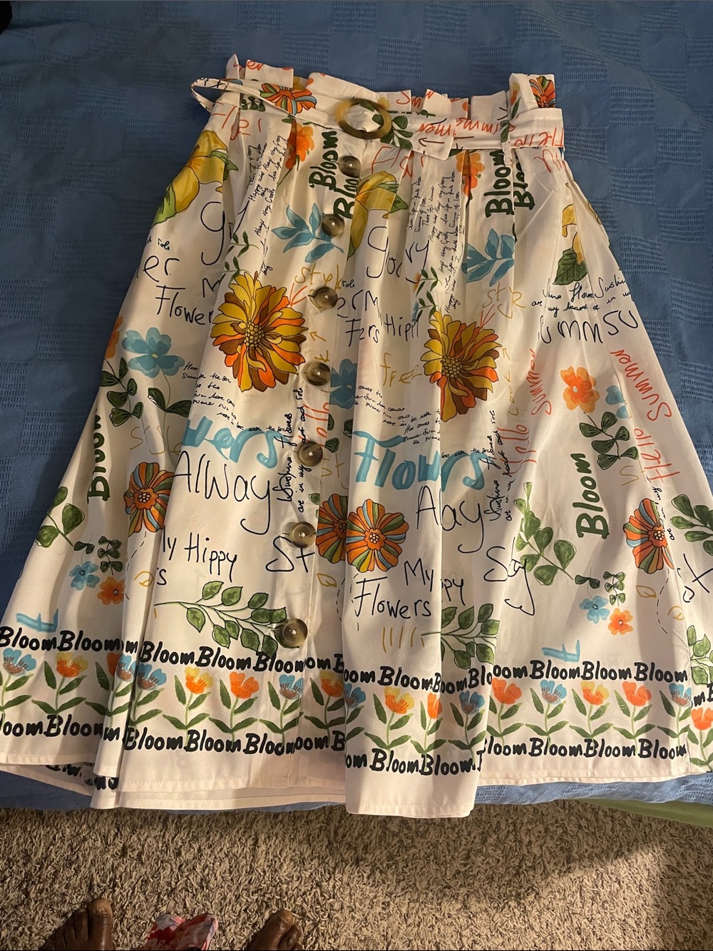 Floral Button-Front Midi Skirt in White with Orange & Green Print